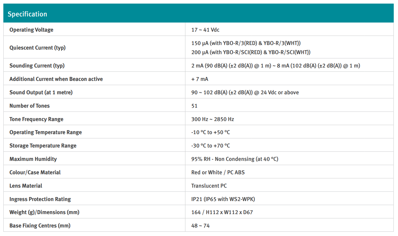 جدول مشخصات فنی آژیر فلاشر اعلام حریق آدرس پذیر Hochiki مدل CHQ-WSB2