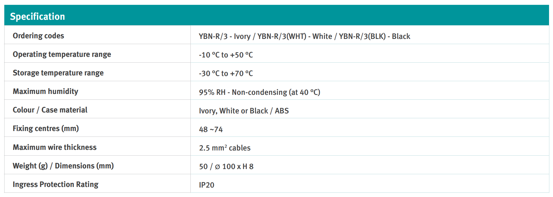 جدول مشخصات فنی پایه نصب مشترک Hochiki مدل YBN-R/3