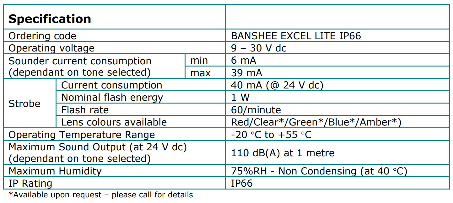 جدول مشخصات فنی آژیر فلاشر اعلام حریق IP66 متعارف Hochiki مدل Banshee Excel Lite IP66