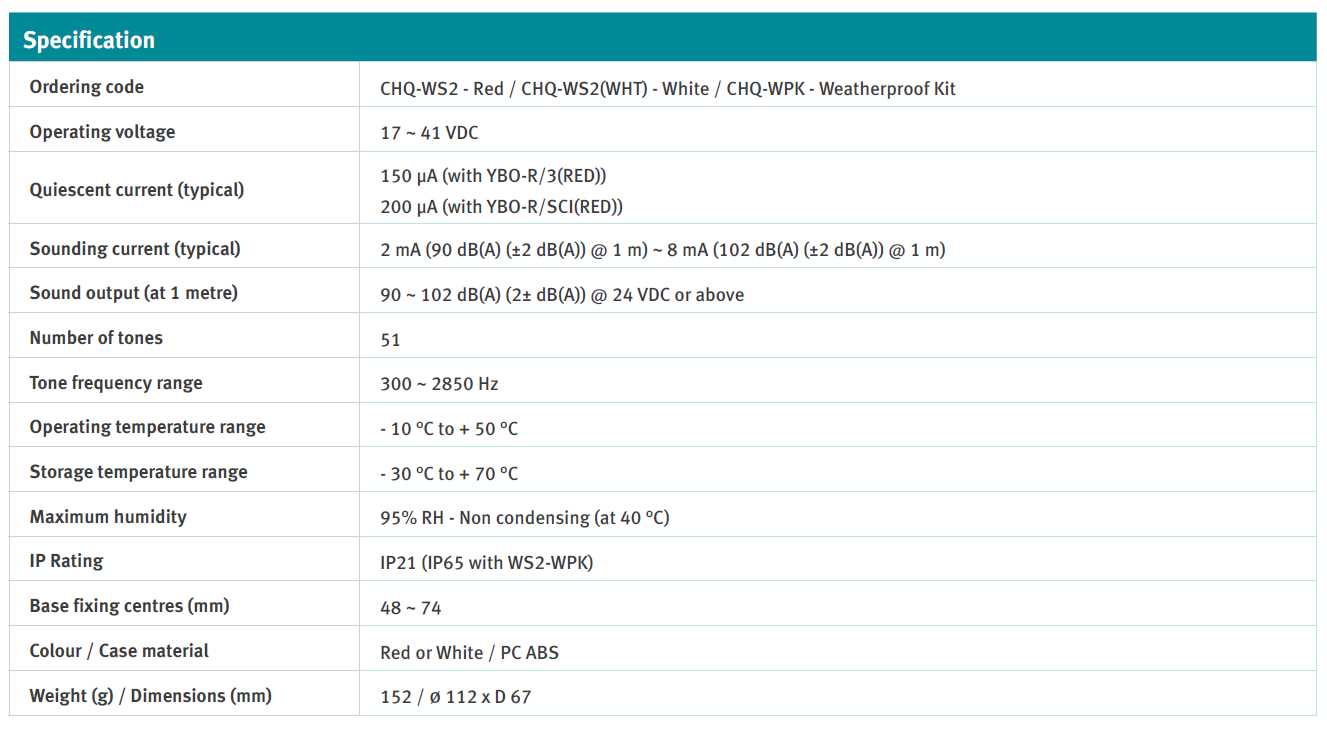 جدول مشخصات فنی آژیر اعلام حریق آدرس پذیر Hochiki مدل CHQ-WS2