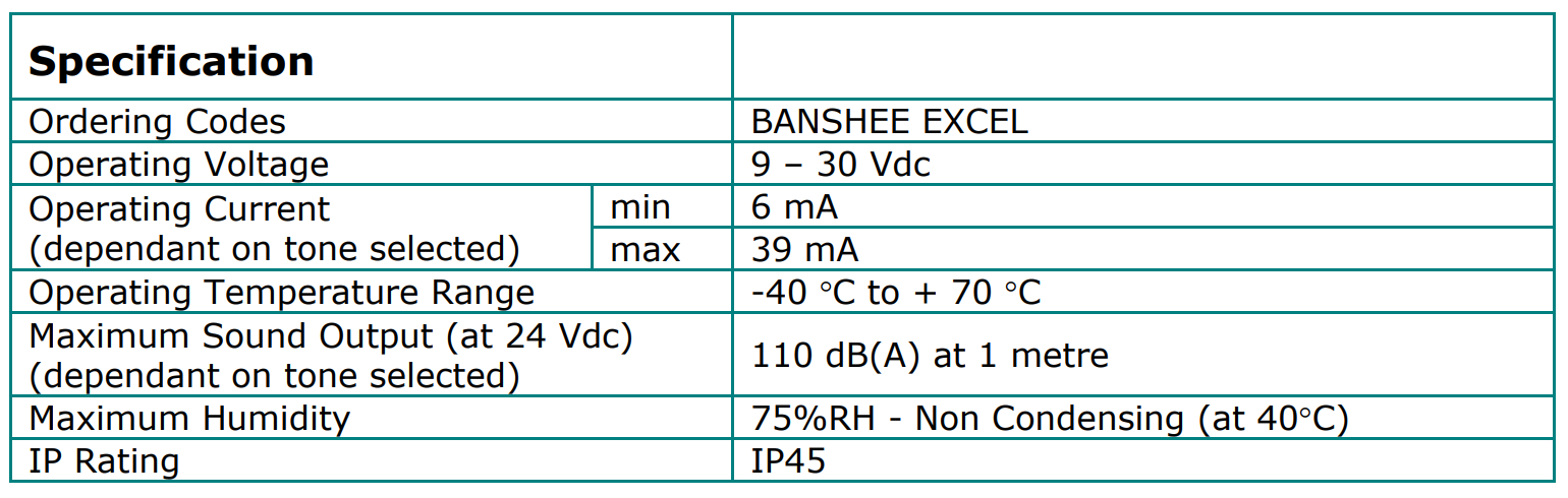 جدول مشخصات فنی آژیر اعلام حریق متعارف Hochiki مدل Banshee Excel