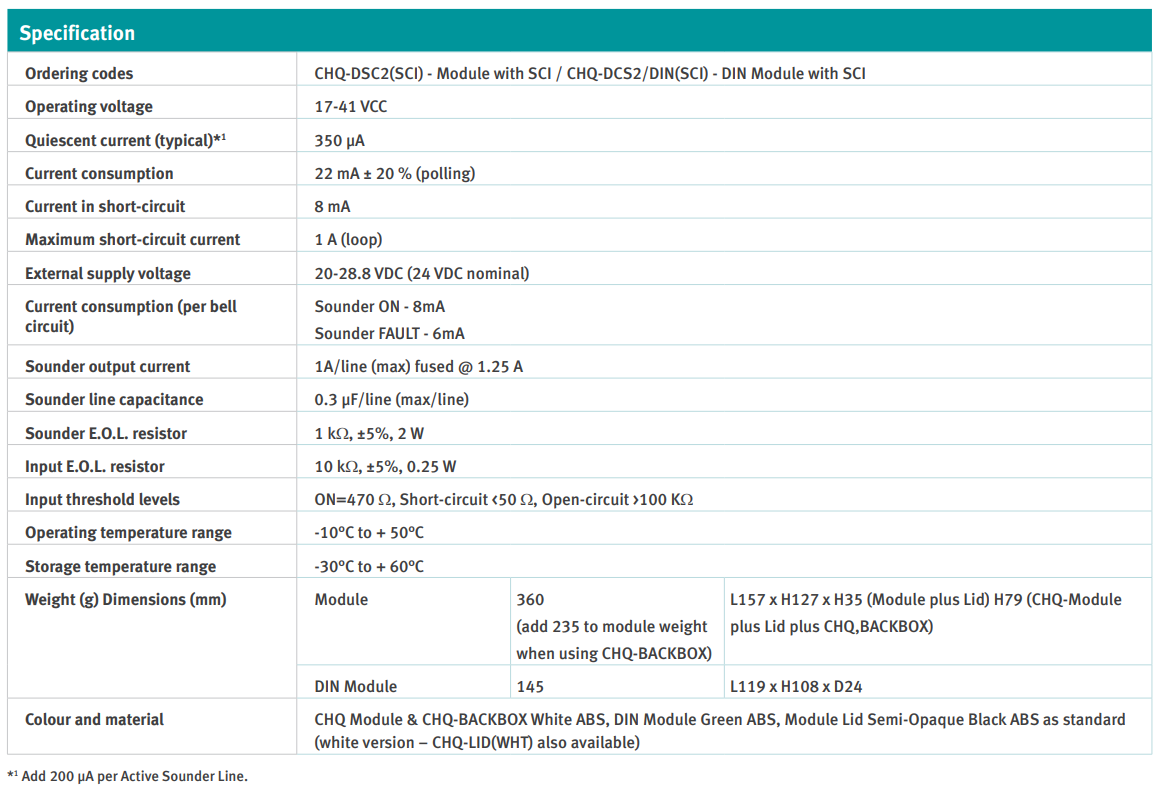 جدول مشخصات فنی ماژول 2 خروجی کنترلر آژیر HOCHIKI مدل CHQ-DSC2(SCI)