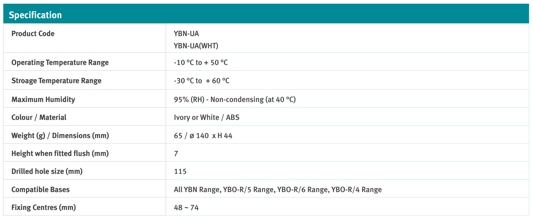 جدول مشخصات فنی پایه نصب دتکتور توکار  Hochiki مدل YBN-UA