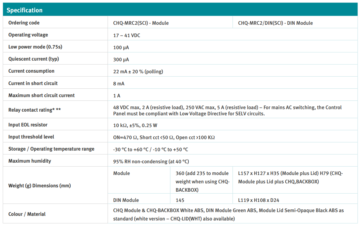جدول مشخصات فنی ماژول دو ورودی 4 تا 20 میلی آمپر HOCHIKI مدل CHQ-MRC2(SCI)