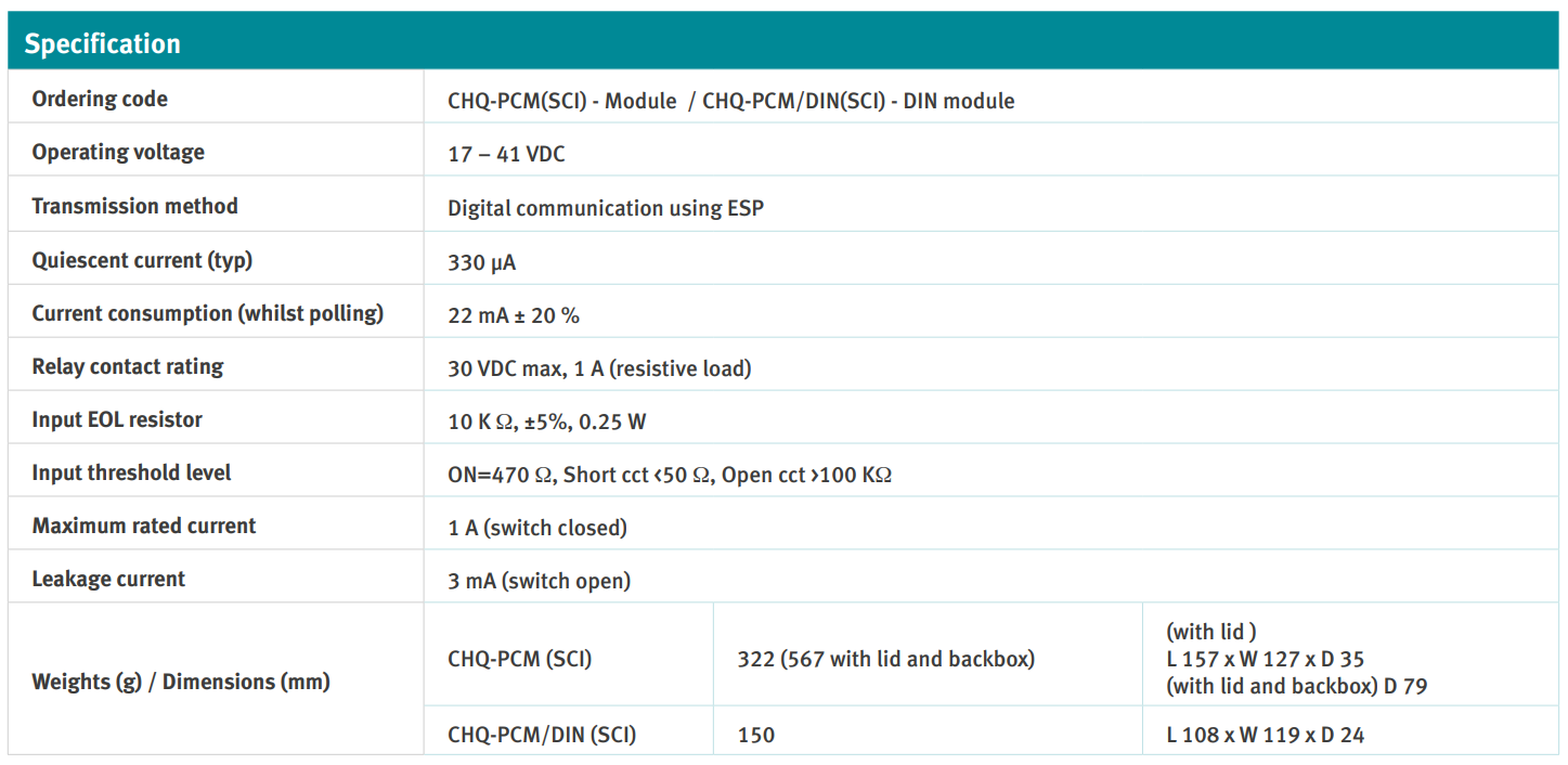 جدول مشخصات فنی ماژول کنترل تجهیزات Hochiki مدل CHQ-PCM(SCI)