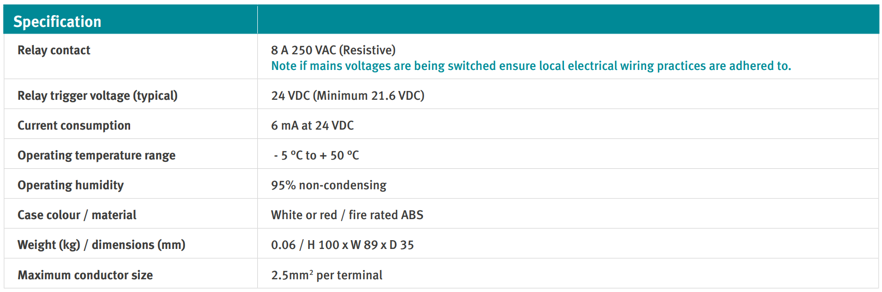 جدول مشخصات ماژول رله کمکی متعارف HOCHIKI مدل 10-2710