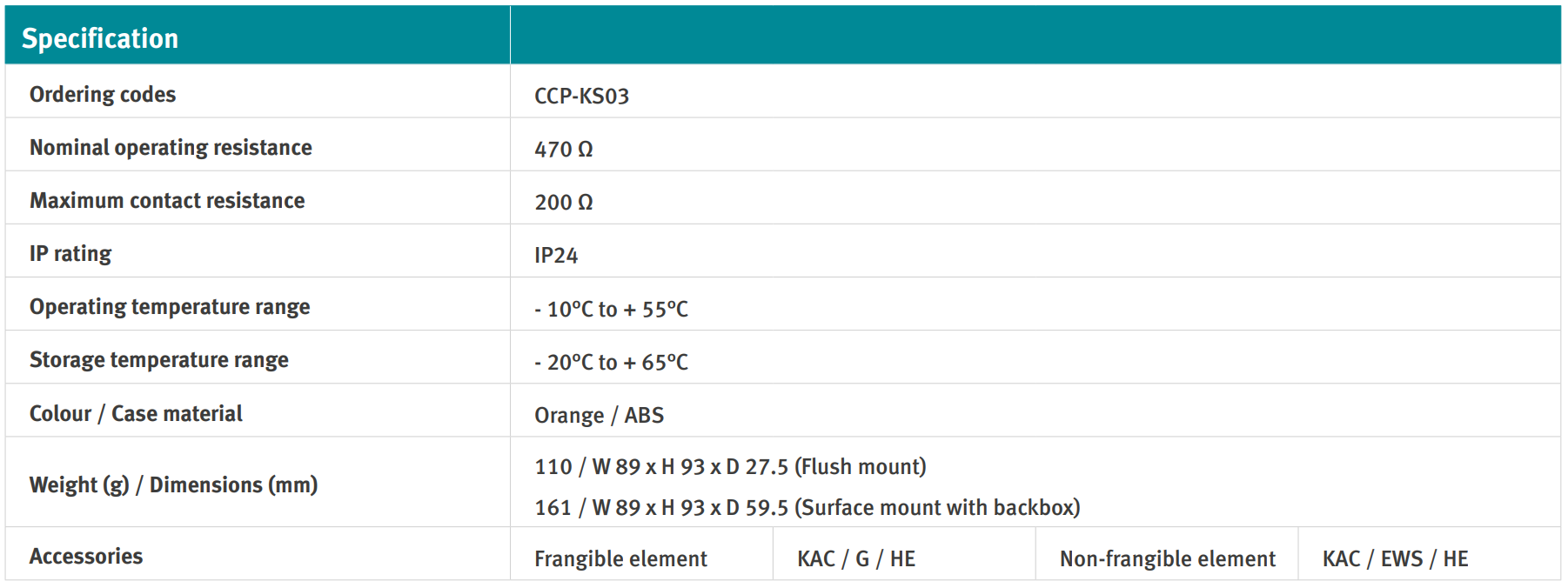 جدول مشخصات شستی سوییچ دار HOCHIKI مدل CCP-KS03