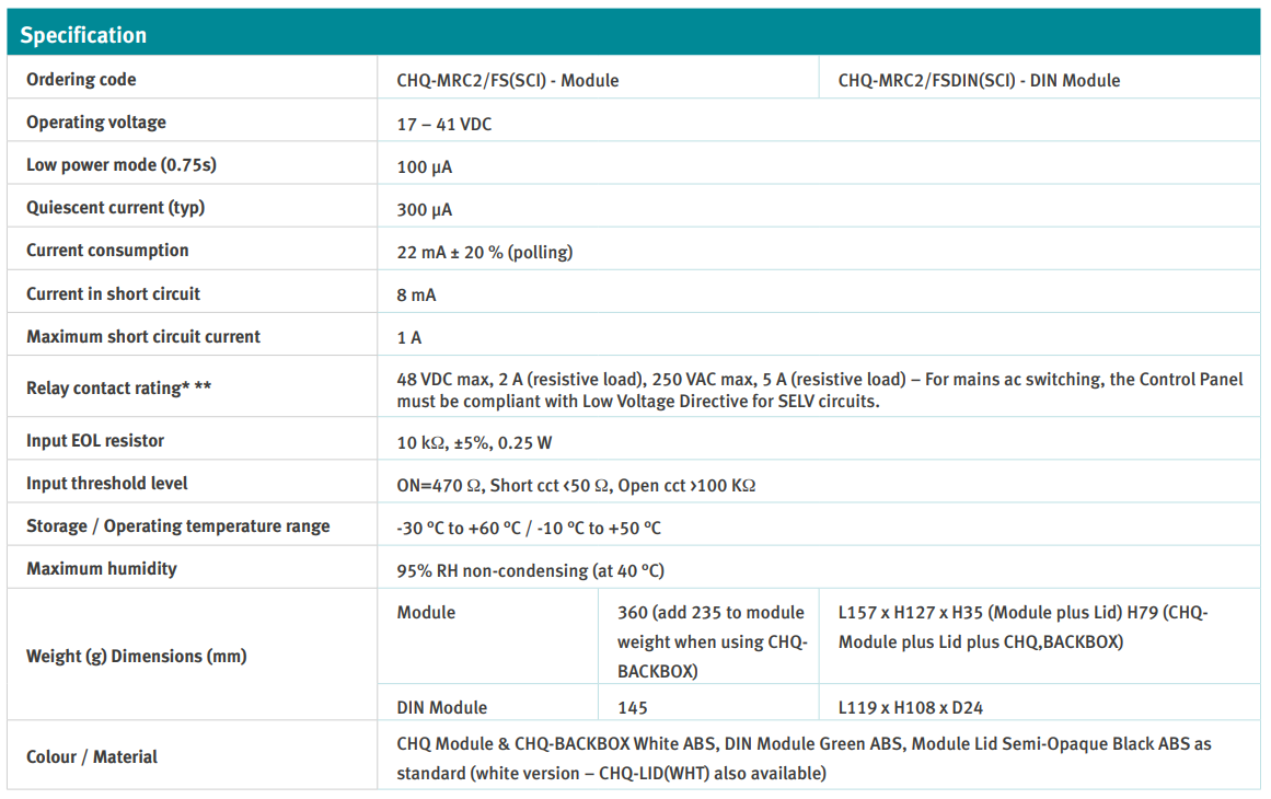 جدول مشخصات فنی ماژول تک ورودی با خروجی Fail Safe رله HOCHIKI مدل CHQ-MRC2/FS(SCI)