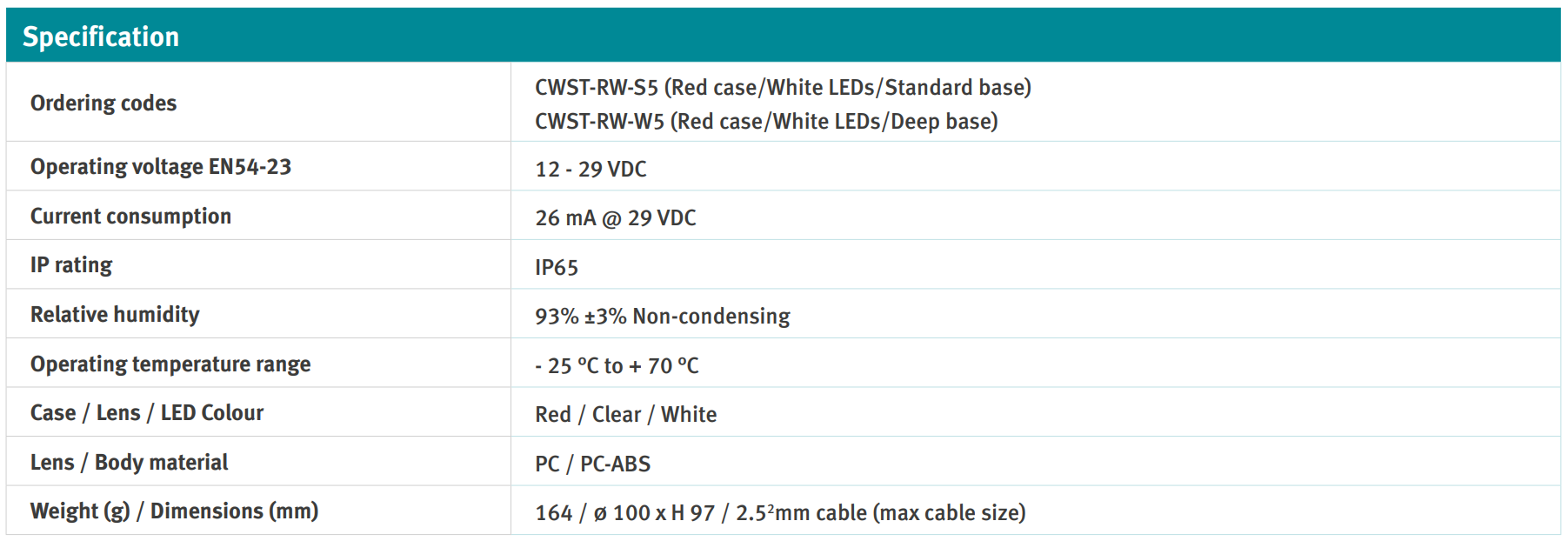 جدول مشخصات آژیر فلاشر متعارف HICHIKI مدل CWST-RW