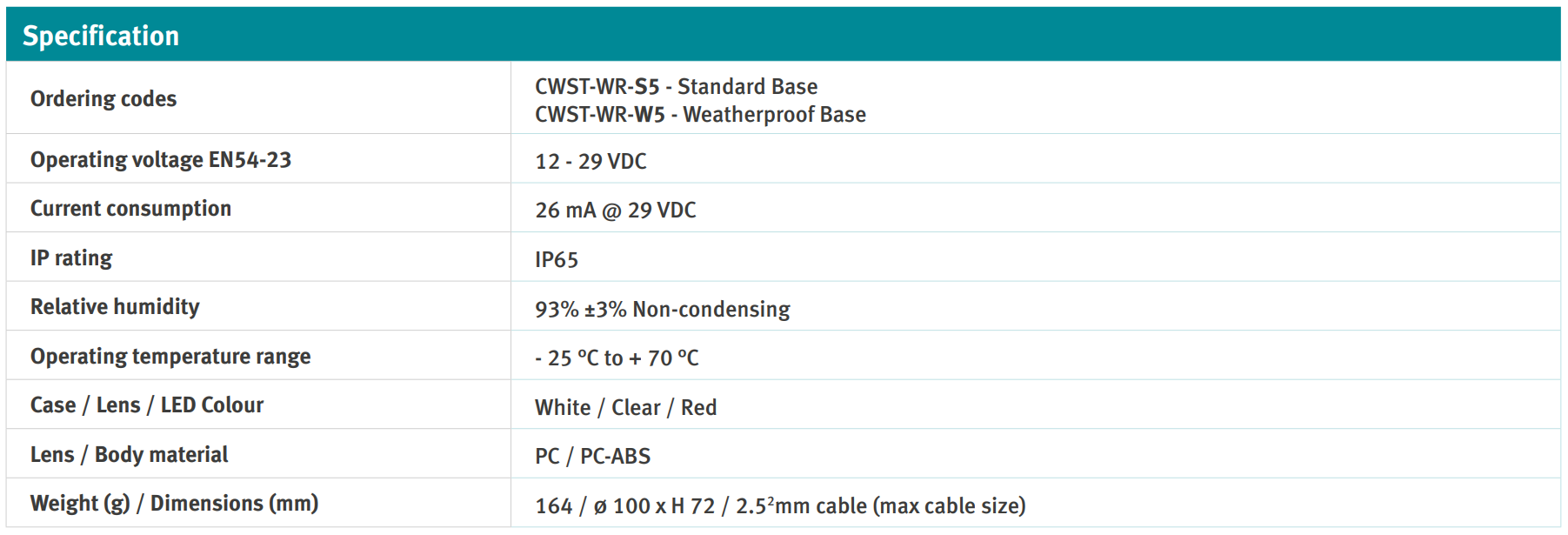 جدول مشخصات آژیر فلاشر متعارف HOCHIKI مدل CWST-WR