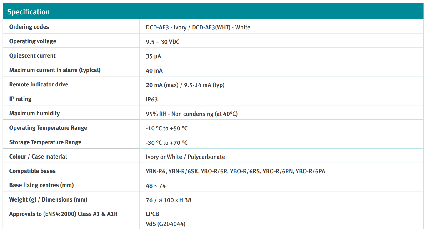 جدول مشخصات دتکتور حرارتی 60 درجه HOCHIKI مدل DCD-AE3