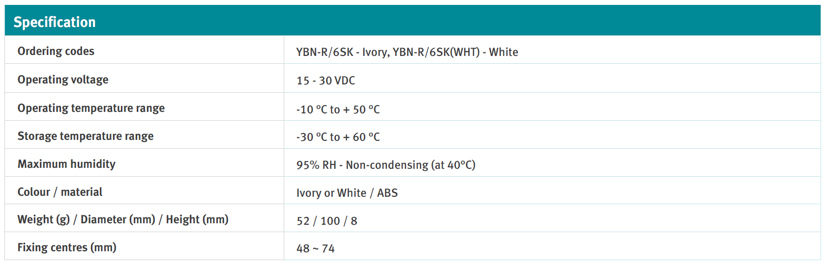 جدول مشخصات پایه دکتور HOCHIKI مدل YBN-R/6SK