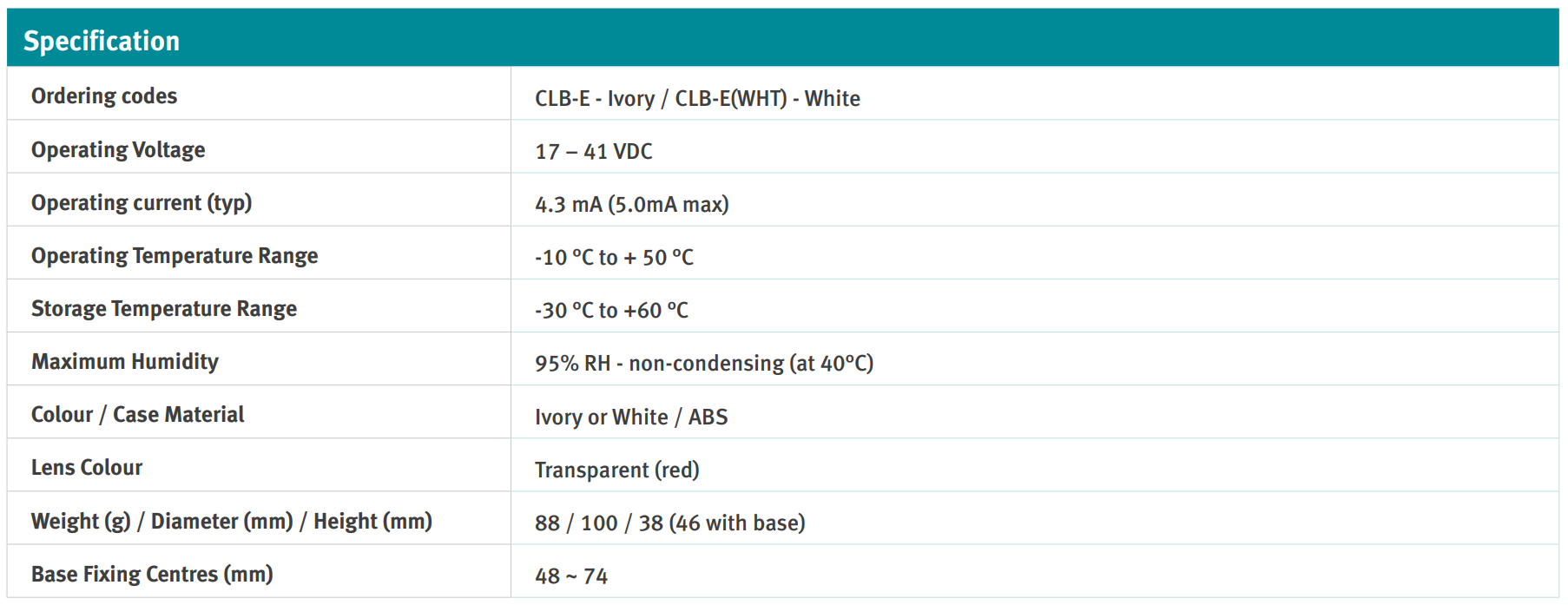 جدول مشخصات فلاشر اعلام حریق متعارف HOCHIKI مدل CLB-E