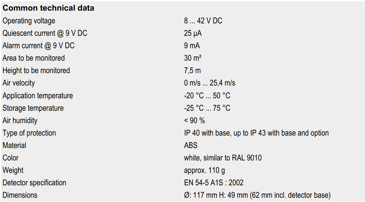 جدول مشخصات دتکتور حرارت ثابت متعارف ESSER مدل 800171