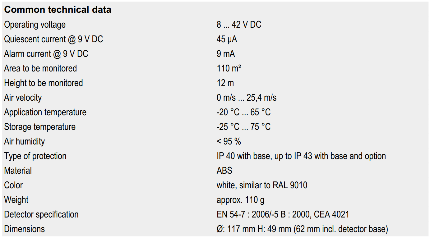جدول مشخصات دتکتور مولتی O²T متعارف (دود و حرارت) ESSER مدل 800374