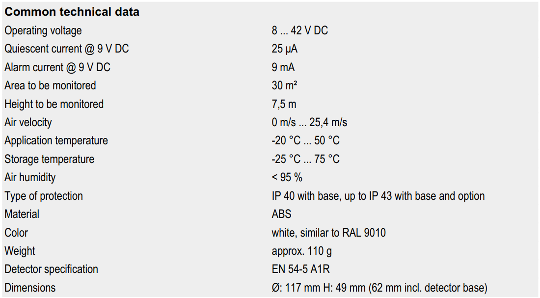 جدول مشخصات دتکتور حرارت افزایشی متعارف ESSER مدل 800271
