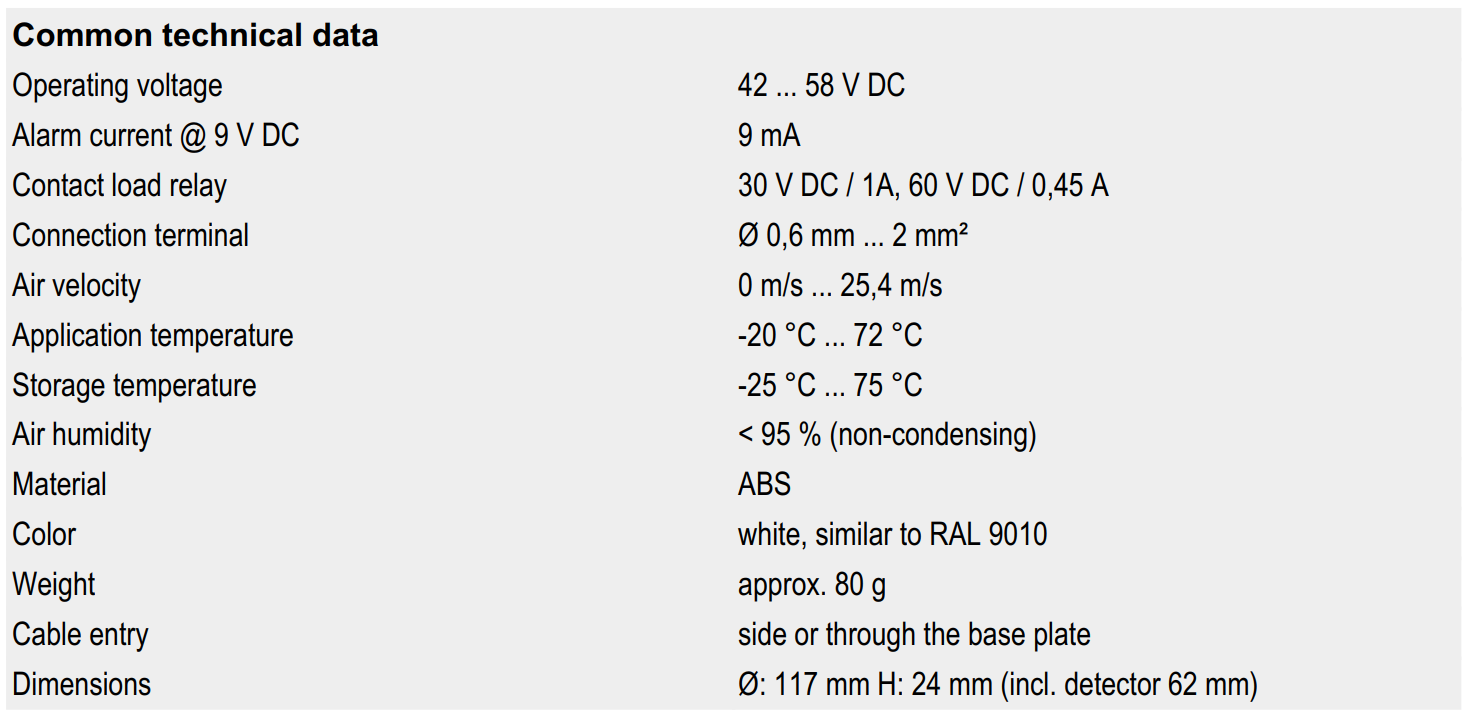 جدول مشخصات پایه دتکتور رله دار متعارف ESSER مدل 805592