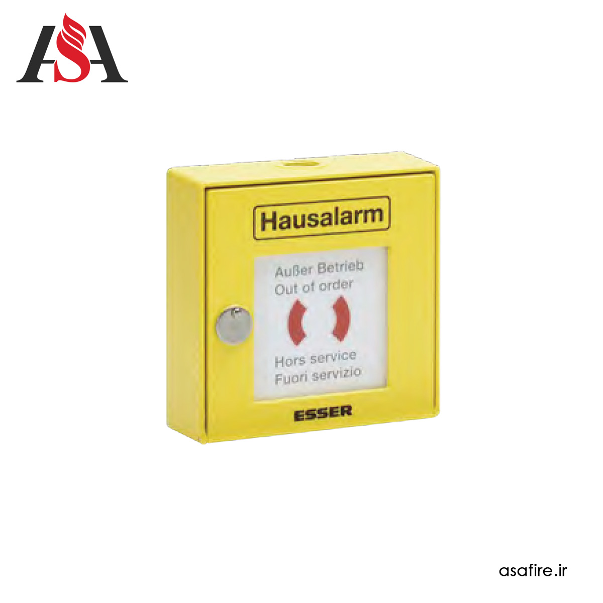 بدنه شستی اعلام حریق با شیشه، با چاپ «Hausalarm-ESSER» مدل 704874